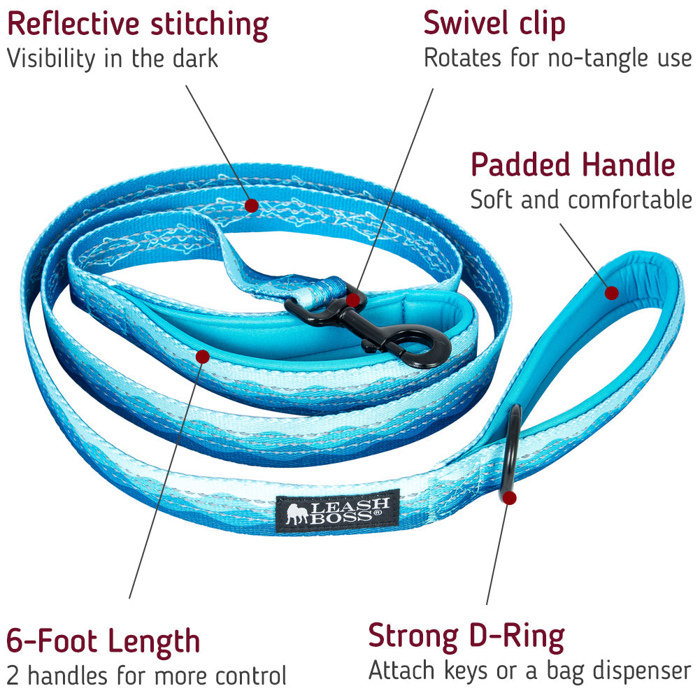 nhance your dog walking experience with the Leashboss Double Handle Dog Leash from the Pattern Collection. This 6Ft Reflective Dog Leash is ideal for large or medium dogs that pull. Featuring two padded handles, it ensures comfort and control, making walks safer and more enjoyable. Upgrade your pet gear today.