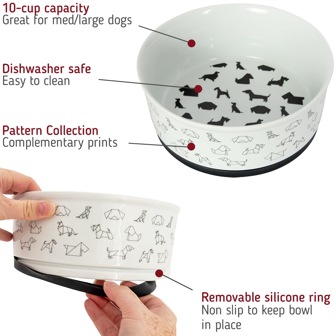 Explore our stylish patterned ceramic dog bowl with a durable silicone base, ensuring stability and cleanliness. Elevate your pet&