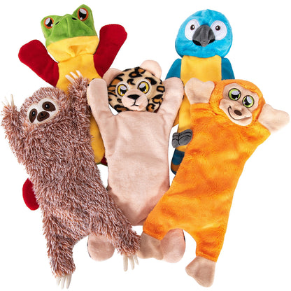 &quot;Engage your furry friend with our 5-Pack Jungle Animals No-Stuffing Dog Toys. These interactive toys feature interior crinkle and squeakers for endless entertainment. Made with durable materials, they are designed to withstand rough play. Treat your dog to hours of fun and exercise. Shop now for the best selection of no-stuffing dog toys!&quot;