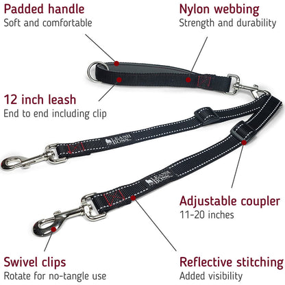 Enhance dog walks with a Two Dog Leash Coupler and Quick Grab 12 Inch Short Lead. This durable coupler allows you to walk two dogs simultaneously, while the 12-inch short lead with a padded handle provides control and comfort. Elevate your canine adventures with this convenient and stylish dog walking accessory.