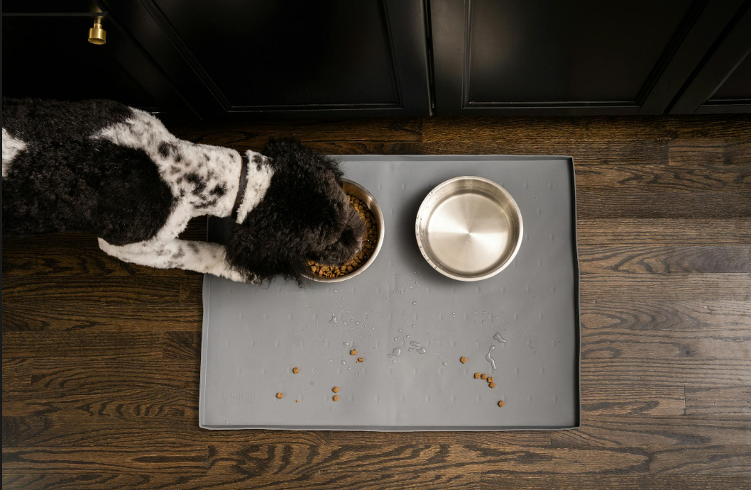 dog eating food from a stainless steel bowl atop a leash boss splash mat