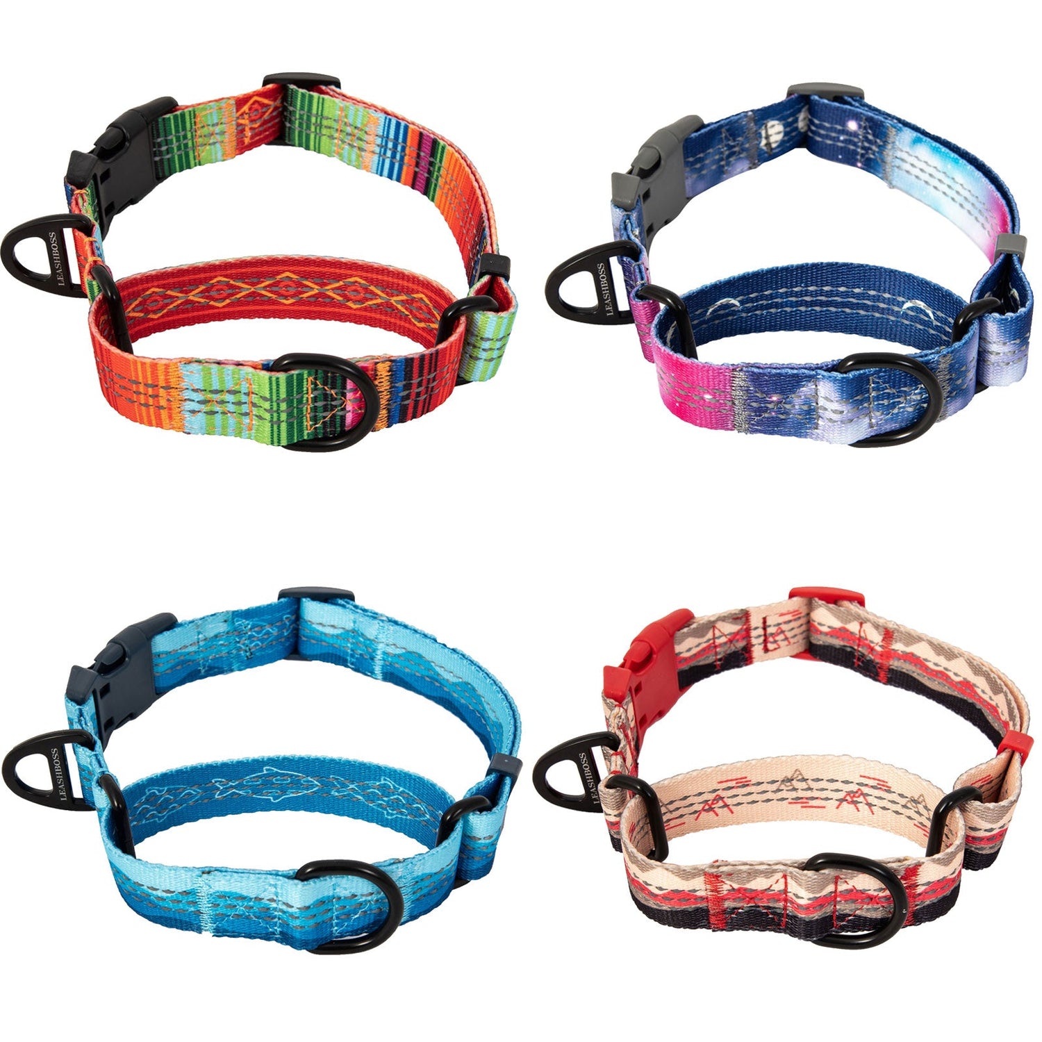 Explore our stylish Pattern Collection Martingale Dog Collar featuring a vibrant and reflective fabric design. Crafted for durability and safety, this collar combines fashion with function. Discover the perfect blend of style and visibility for your furry friend. Upgrade your dog&